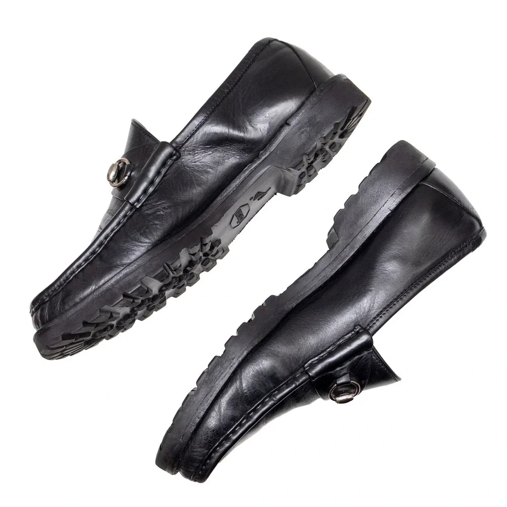 Gucci Vintage Mens Black Leather Horsebit Loafers Vibram Lug Sole Size 10